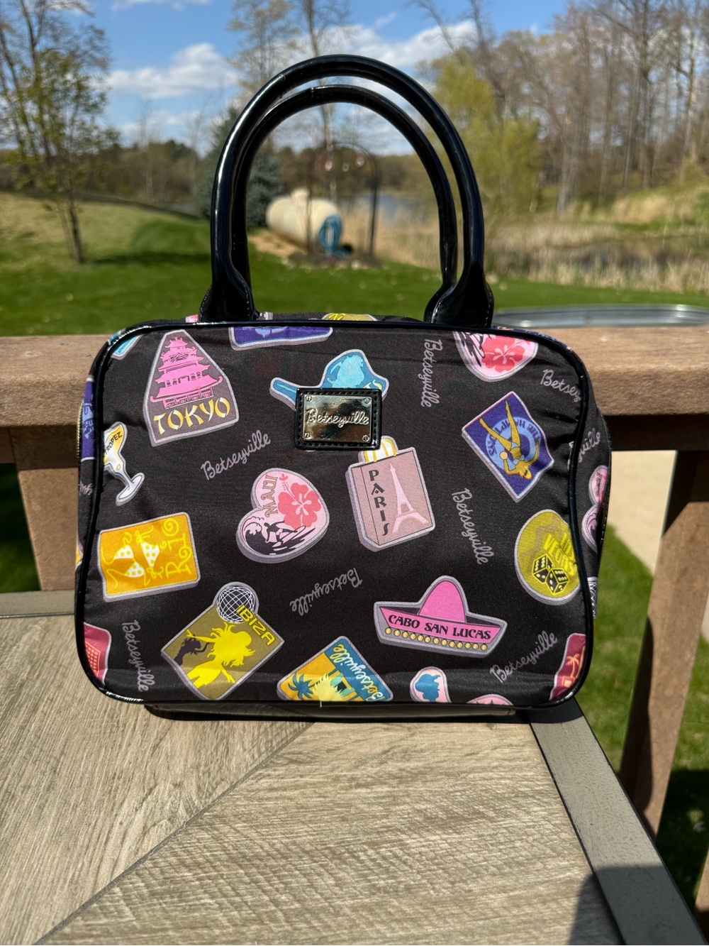 Betsey Johnson Black Travel Tote with Pink, Yellow, Blue & Purple Patch Prints